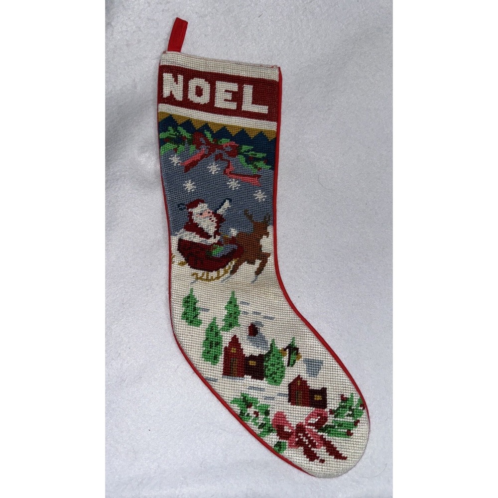 Vintage 90s Needlepoint Christmas‎ Stocking  Santa Christmas  Y2K